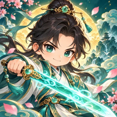 Crazy Gods hero with a jade sword against a golden moon