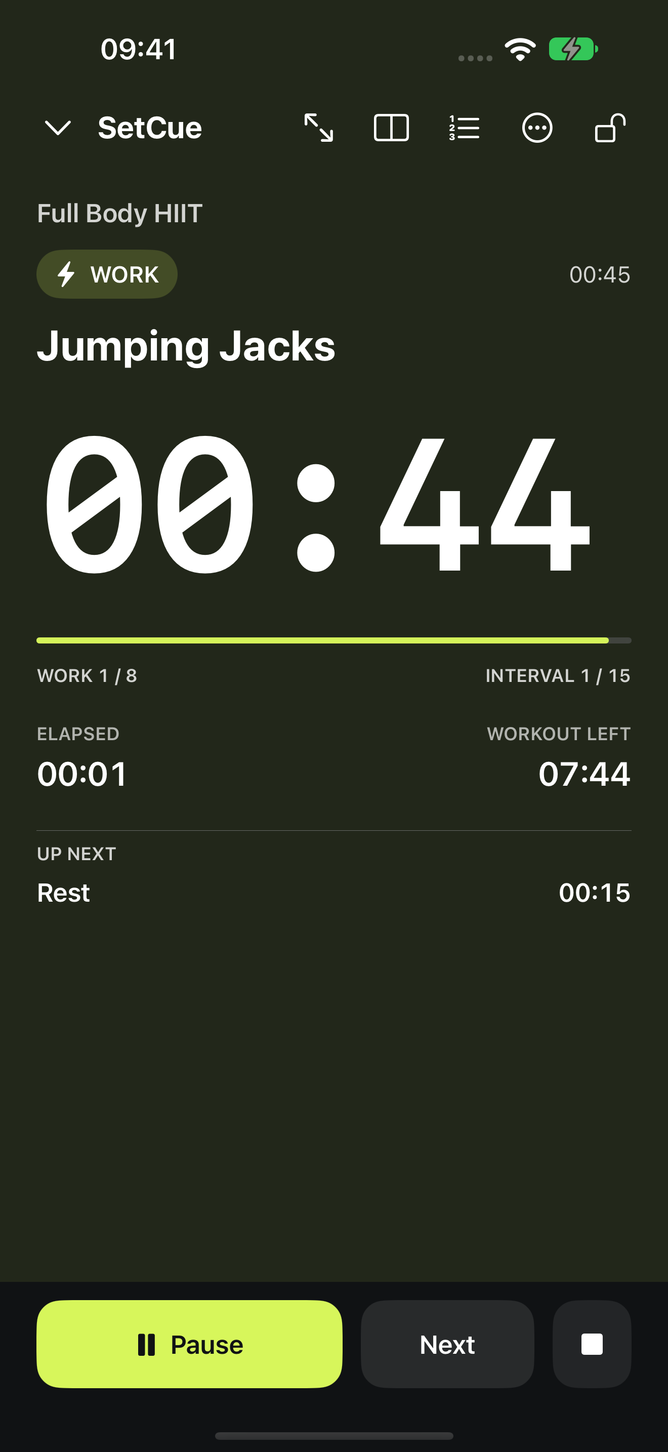 SetCue timer with current exercise, next interval and fixed pause controls
